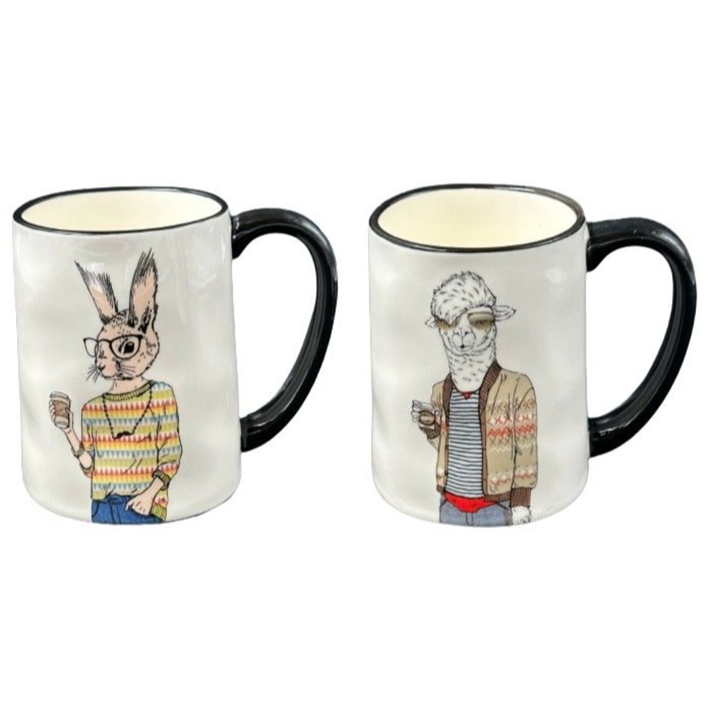 Signature Ceramic Art Mugs Bunny Rabbit and Lamb 17.5 oz Mugs Set of 2